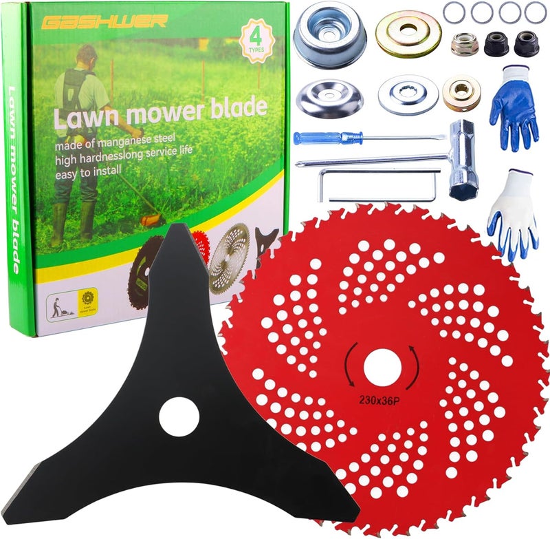 Azushwer 10"x 3 Teeth Carbon Steel Brush Cutter Weed Eater Blades & 9"x 36 Teeth Carbide Tipped Blades with Universal Adapter Kit Compatible with Brush Cutter, Trimmer, Weed Eater, Husqvarna Stihl Ego - Image 1